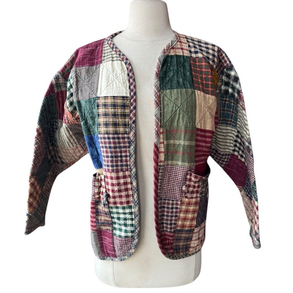 Vintage Jackets & Blazers - Vintage Quilted‎ Patchwork Plaid Open Blazer w/Patch Pockets
